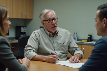 Homme d'âge moyen parlant au bureau avec collègues
