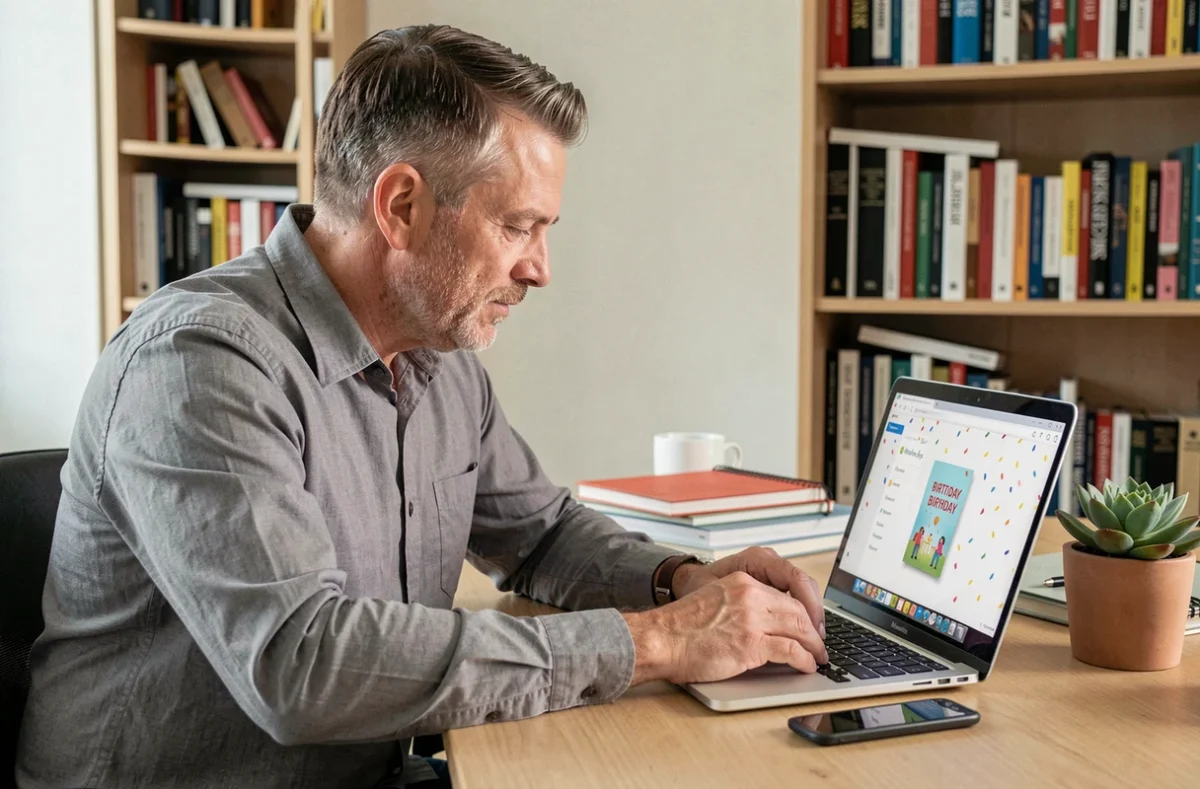 Homme choisissant une carte animée d'anniversaire gratuite sur son ordinateur portable dans un bureau à domicile