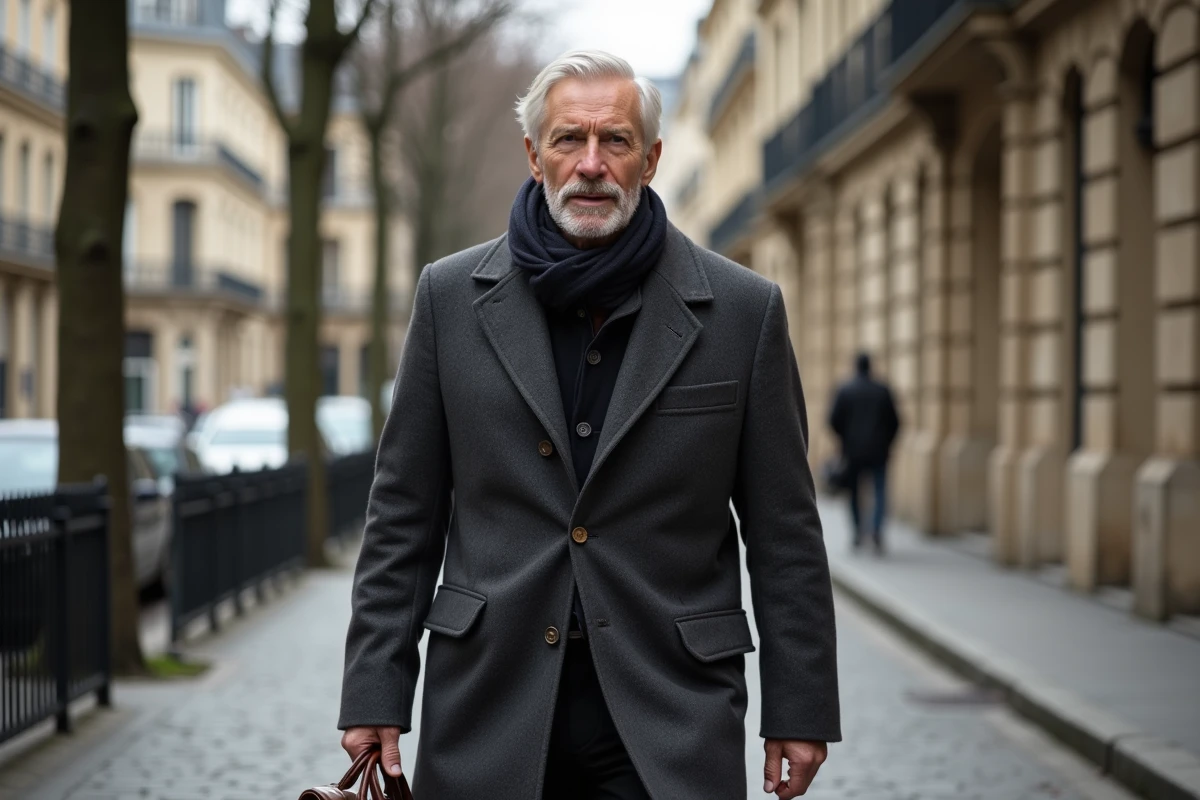 Homme distingué aux cheveux gris en manteau de laine marchant dans une rue haussmannienne de Paris avec une mallette en cuir