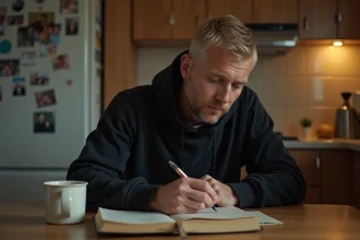 Homme pensif écrivant des paroles dans un carnet à la maison