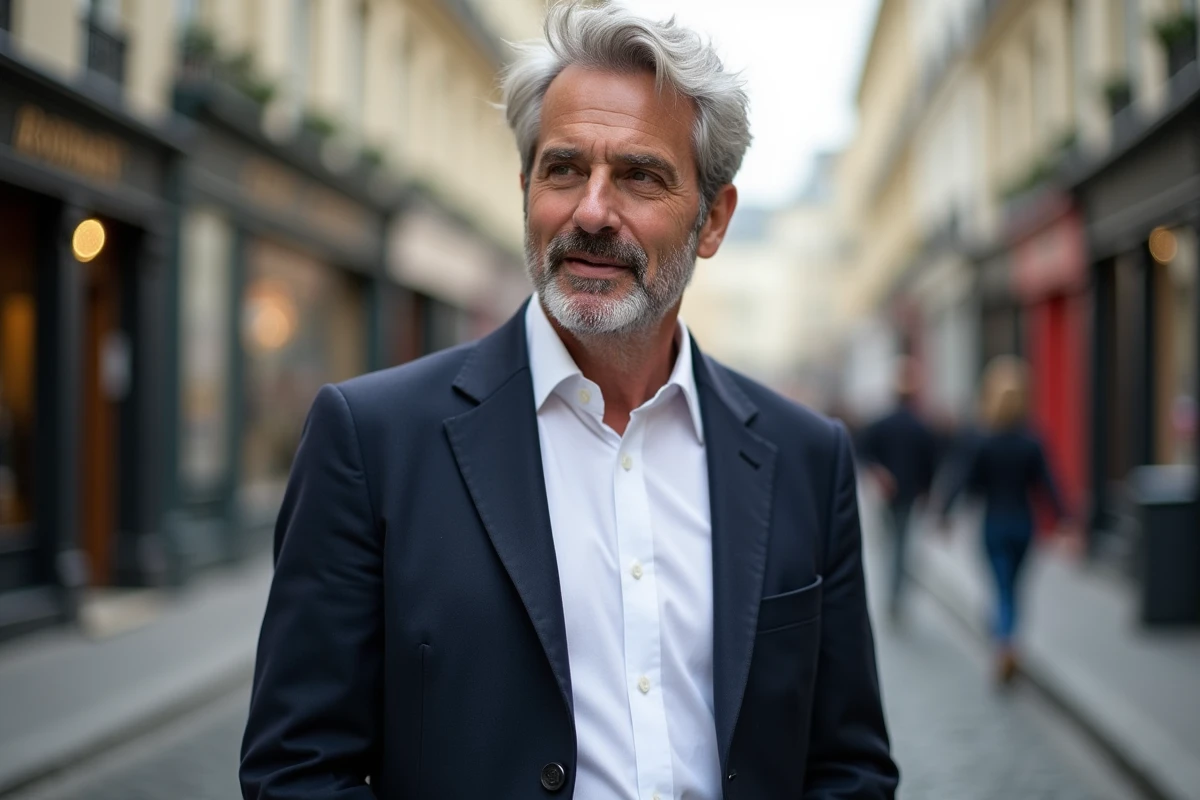 Portrait d'un homme d'âge mûr élégant dans une rue parisienne pavée, illustrant la discrétion et la vie privée d'un personnage public