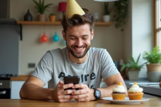 Homme souriant avec chapeau anniversaire dans la cuisine