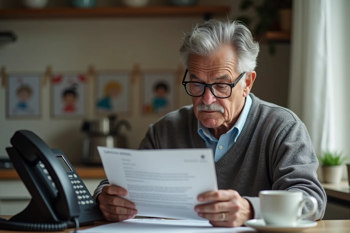Homme âgé lisant une lettre SNCF à la cuisine