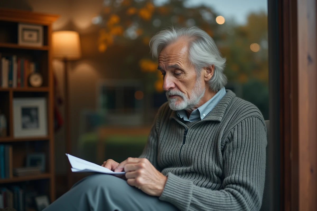 Homme âgé lisant dans son salon en automne