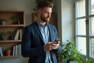 Homme pensif dans un appartement moderne avec smartphone