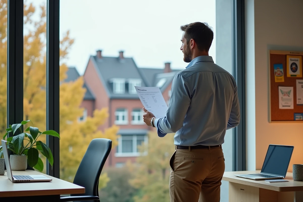 Homme regardant la ville automnale depuis son bureau
