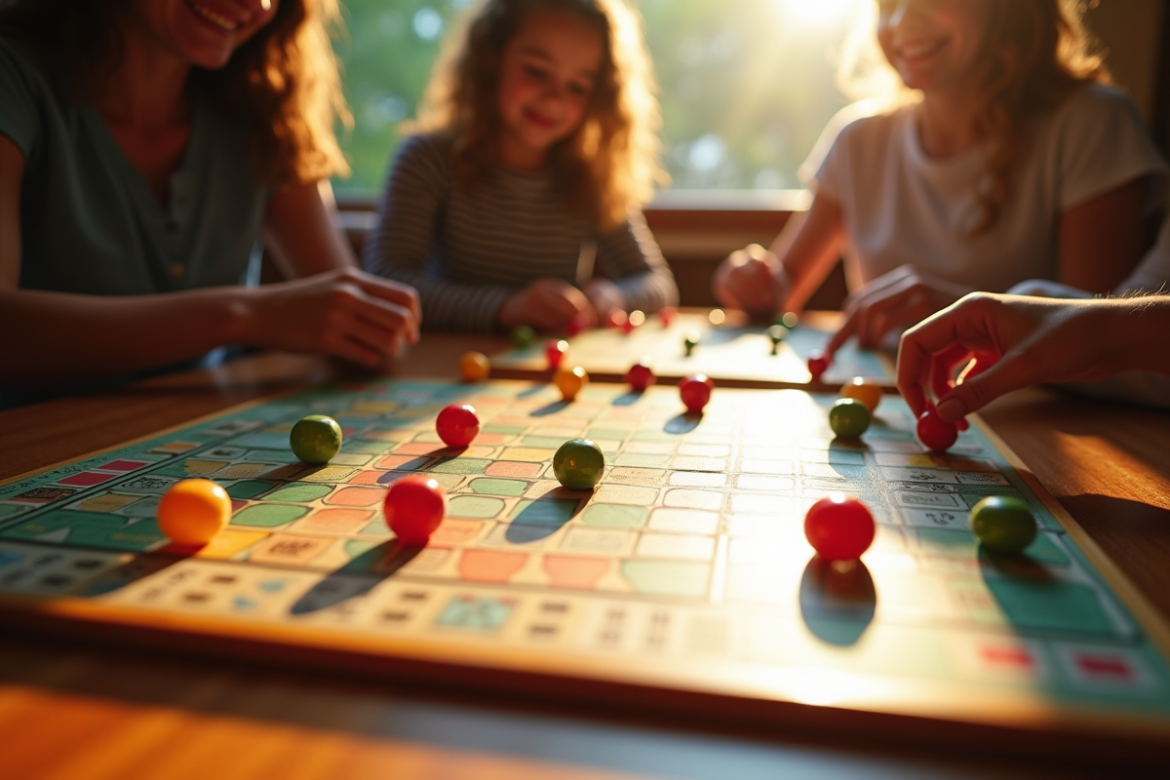 Jeu de goose classique sur une table en bois avec dés et pièces