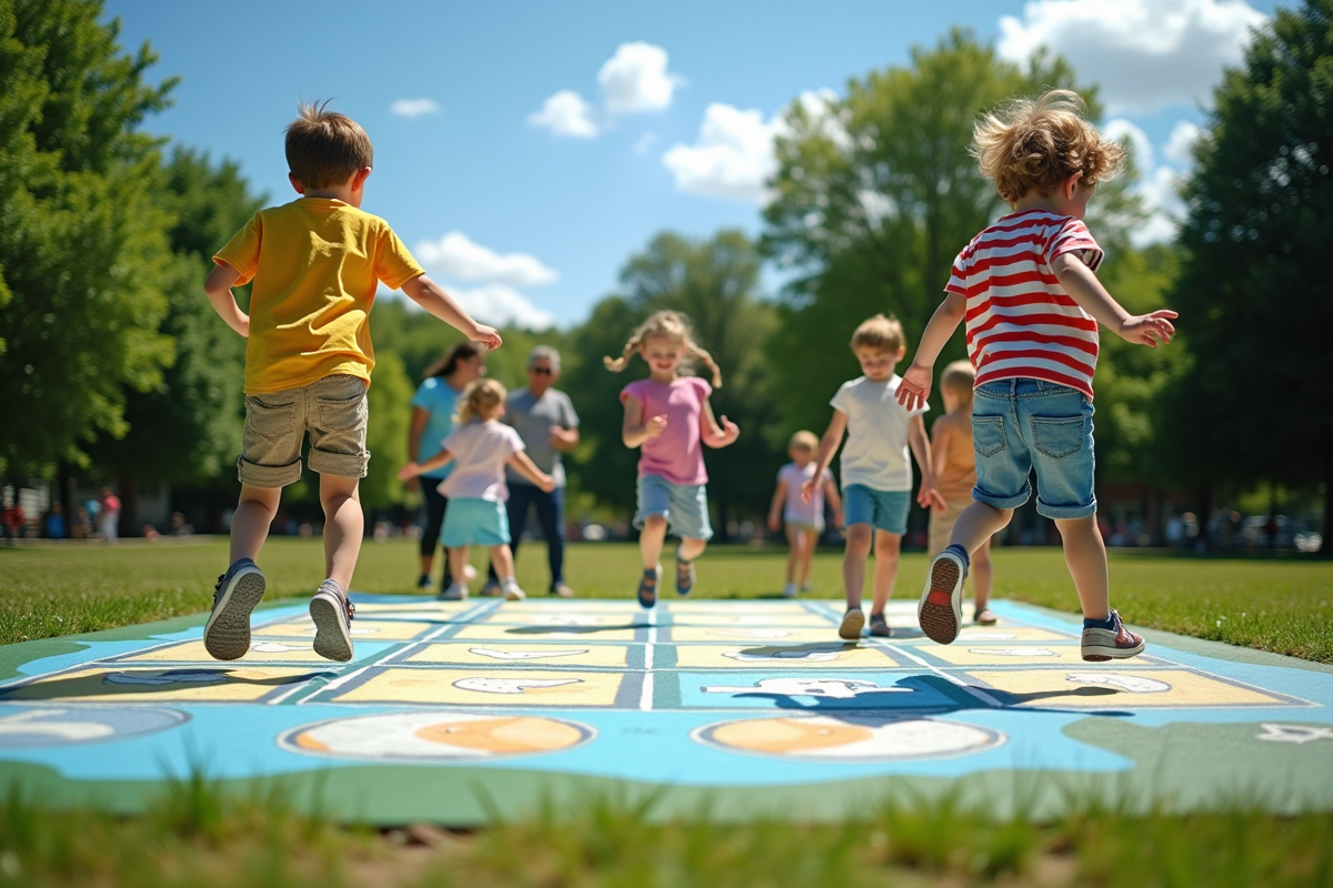 Jeu de goose en extérieur avec enfants et parents dans un parc