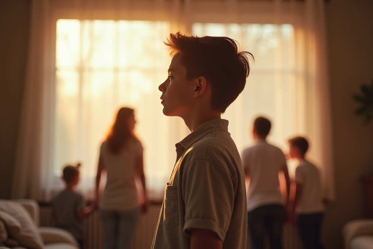 Jeune adulte regardant par la fenêtre en famille chaleureuse