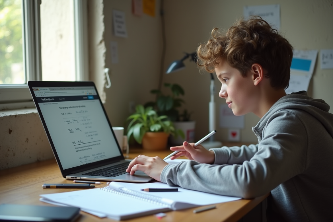 Jeune étudiant étudiant en ligne sur un bureau organisé