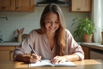 Jeune femme souriante écrit dans un carnet dans la cuisine