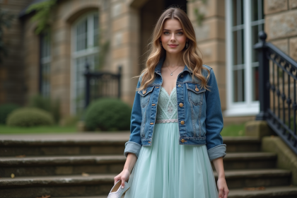 Jeune femme en robe pastel et veste en denim pour l'article