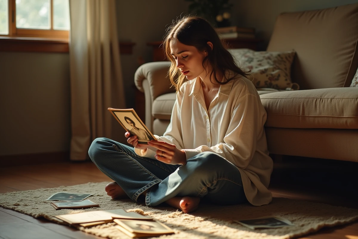 Jeune femme tenant une vieille photo de sa mère décédée entourée de lettres et souvenirs éparpillés sur le sol