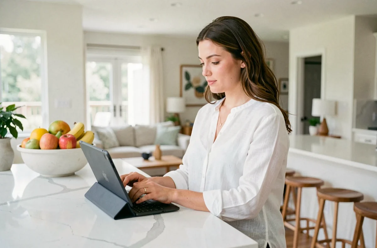 Jeune femme utilisant une tablette pour accéder à son compte Orchestra depuis sa cuisine