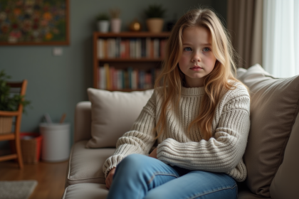 Jeune fille assise sur un canapé dans un salon familial