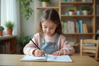 Jeune fille écrivant son nom dans un carnet en classe
