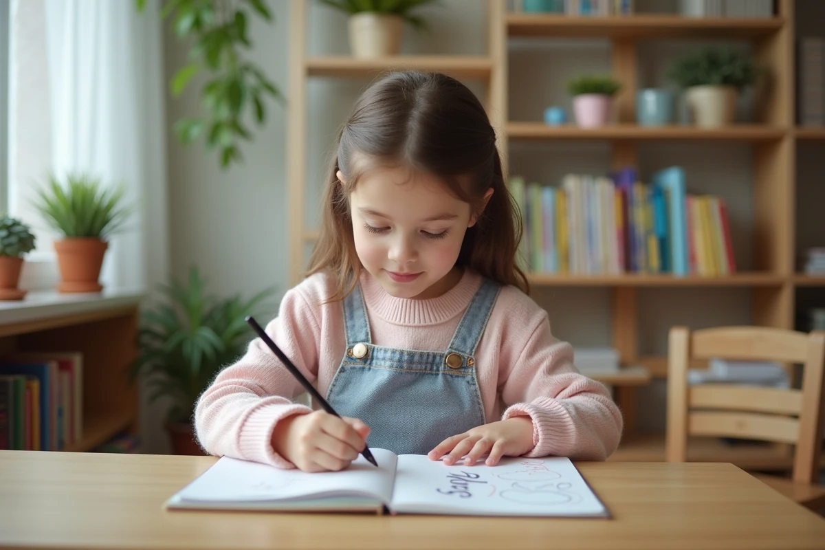 Jeune fille écrivant son nom dans un carnet en classe