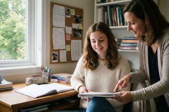 Jeune fille souriante en classe avec une adulte en soutien
