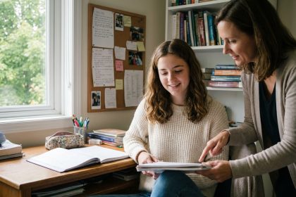 Jeune fille souriante en classe avec une adulte en soutien