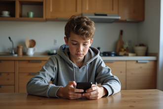 Adolescent seul avec smartphone dans une cuisine moderne