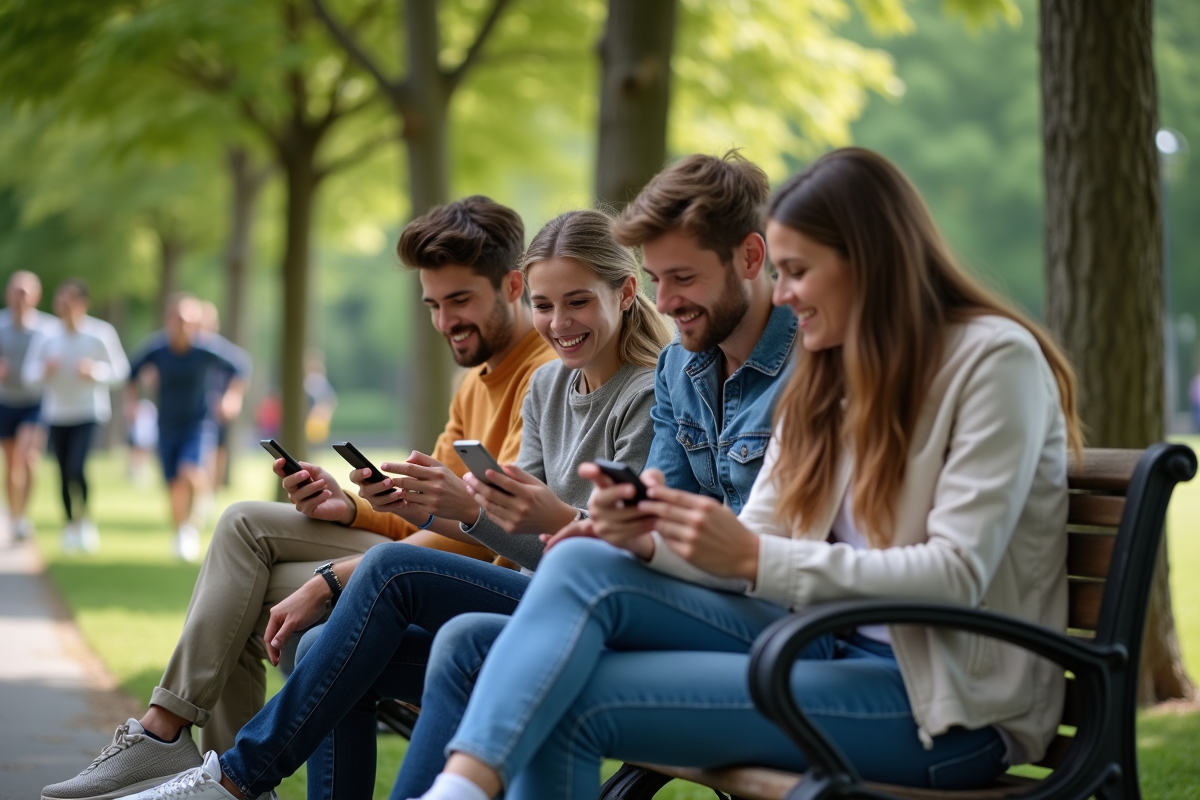 Jeunes assis sur un banc de parc utilisant leurs smartphones