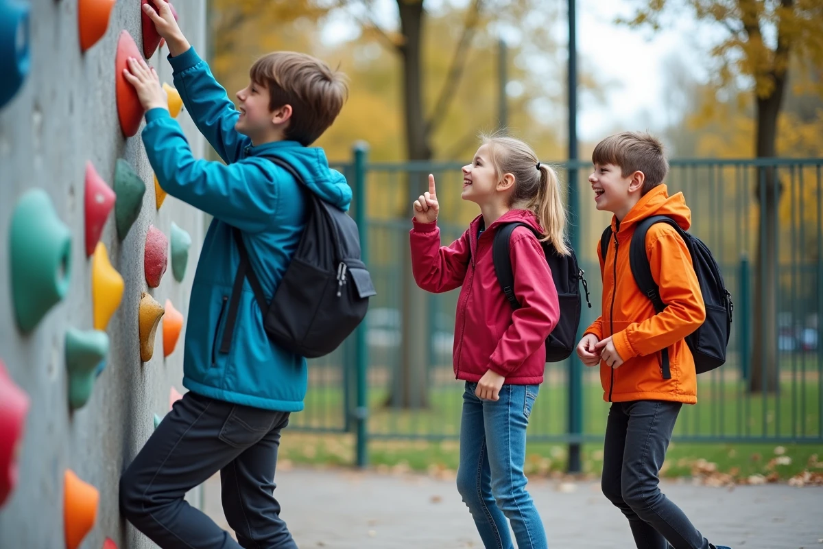 Groupe de jeunes en pleine escalade dans un parc d
