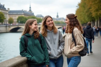 Trois adolescents rient au bord de la Seine à Paris