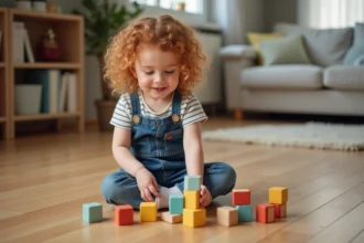 Petite fille de 4 ans jouant avec des cubes en bois colorés sur le parquet d'un salon familial