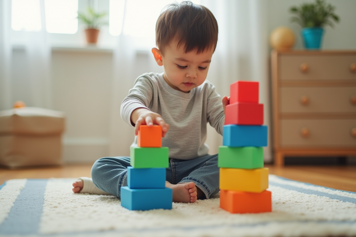 Enfant de 3 ans empilant des blocs en mousse dans la salle de jeux