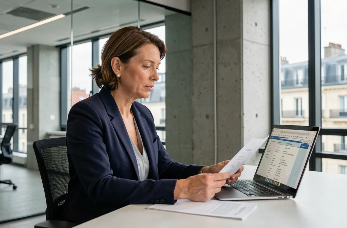 Journaliste analysant des registres civils publics dans un bureau moderne avec vue sur la ville