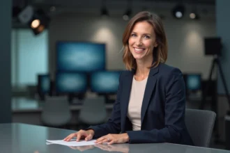 Journaliste femme élégante assise au bureau d'un plateau de télévision, incarnant le professionnalisme et le succès médiatique