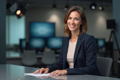 Journaliste femme élégante assise au bureau d'un plateau de télévision, incarnant le professionnalisme et le succès médiatique