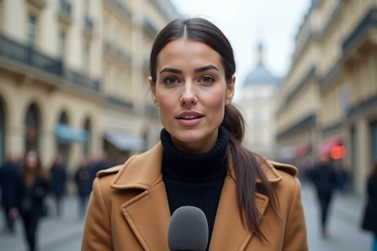 Journaliste française tenant un micro devant un décor parisien haussmannien, portrait éditorial en extérieur