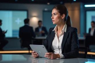 Femme journaliste en studio en pleine conversation