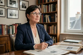 Journaliste française d'origine juive assise à son bureau parisien entouré de livres et de photographies de famille, illustrant l'influence des origines sur une carrière journalistique