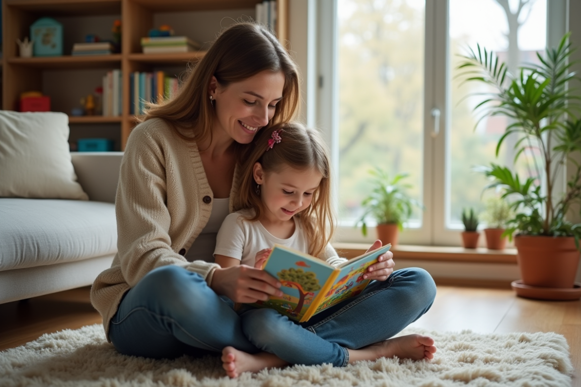 Femme lisant un livre coloré à une fille dans un salon lumineux