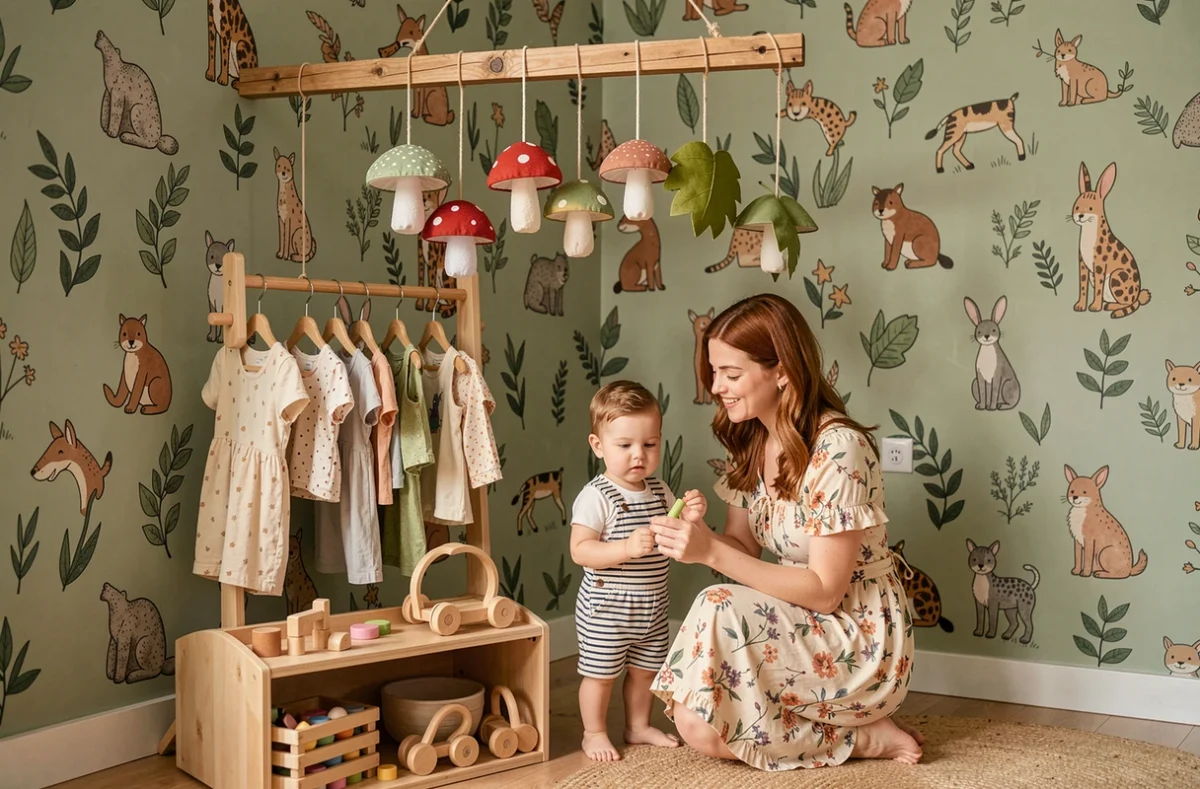 Boutique Luciole et Petit Pois avec décoration botanique, jouets en bois naturels et vêtements bébé biologiques