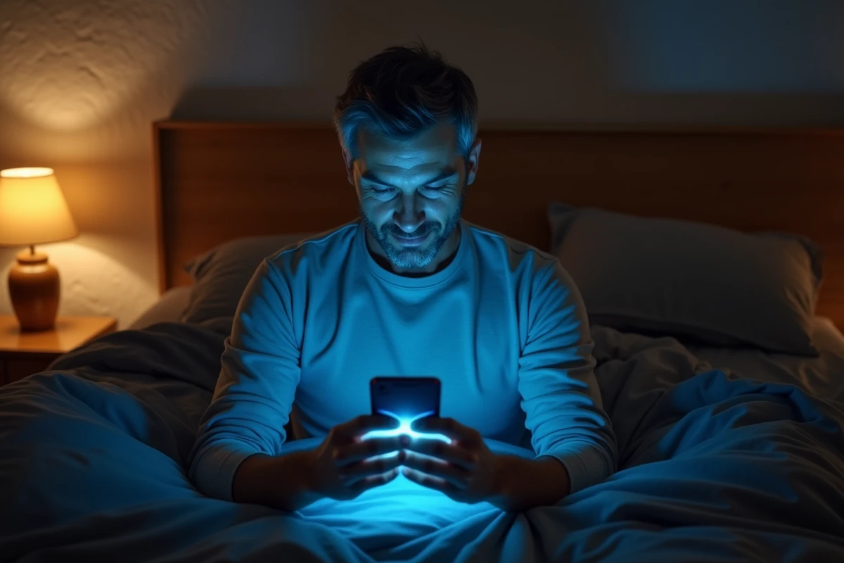 Homme dans son lit la nuit utilisant un téléphone à lumière bleue avec une veilleuse ambre en arrière-plan illustrant l'impact des couleurs sur le sommeil