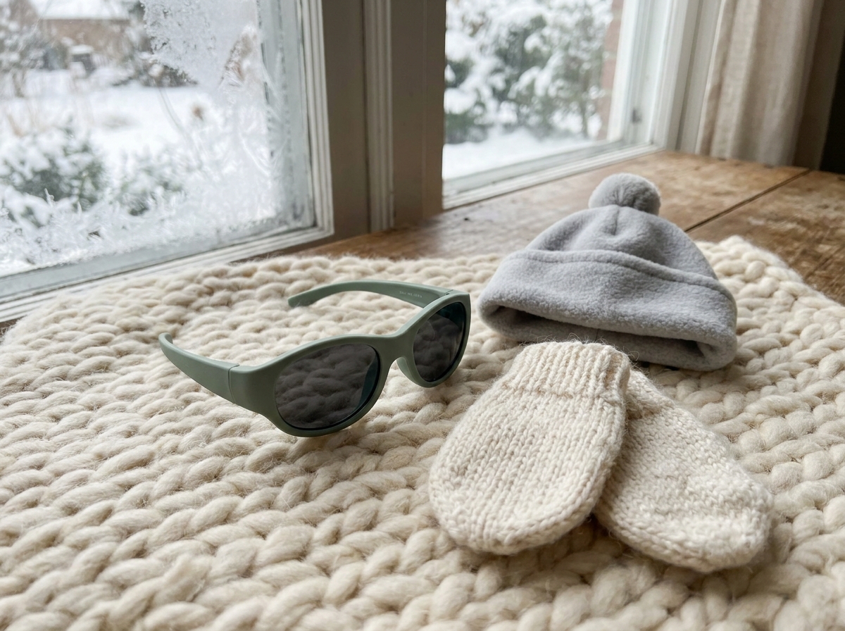 Lunettes de soleil UV pour bébé en silicone souple posées sur une couverture en laine avec moufles et bonnet avant une sortie hivernale