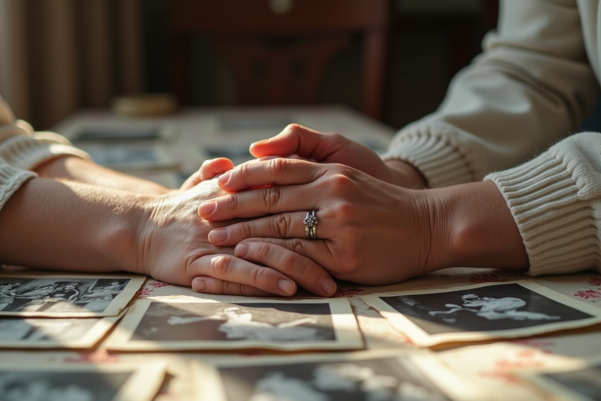 Mains ridées entrelacees avec alliances sur une nappe vintage