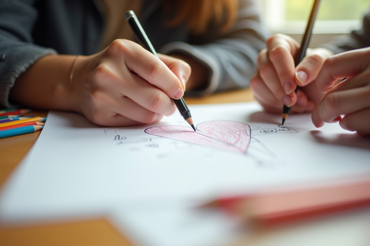 Mains dessinant avec des crayons sur une feuille lors d