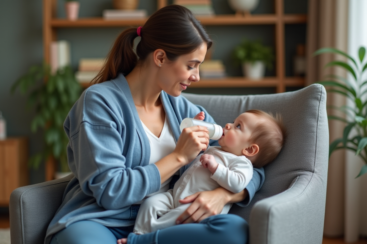 Jeune mère allaitant son bébé dans un salon chaleureux