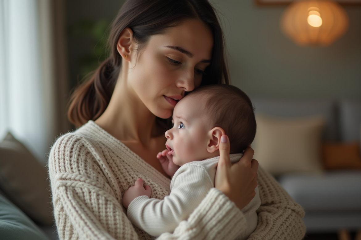 Maman douce et son bébé dans un salon cosy