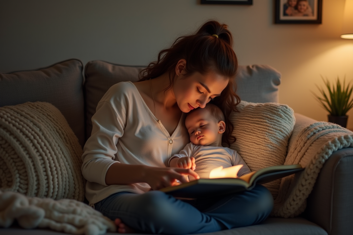 Maman apaise son bébé avant le coucher dans le salon