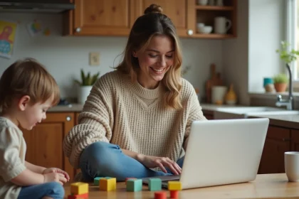 Maman et enfant jouant dans la cuisine chaleureuse