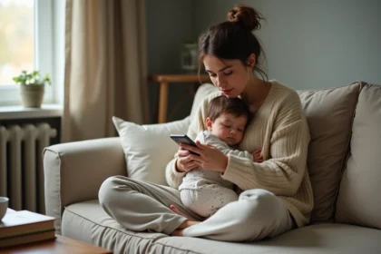 Maman épuisée et bienveillante tenant son enfant endormi sur le canapé tout en consultant son téléphone, ambiance familiale authentique et chaleureuse