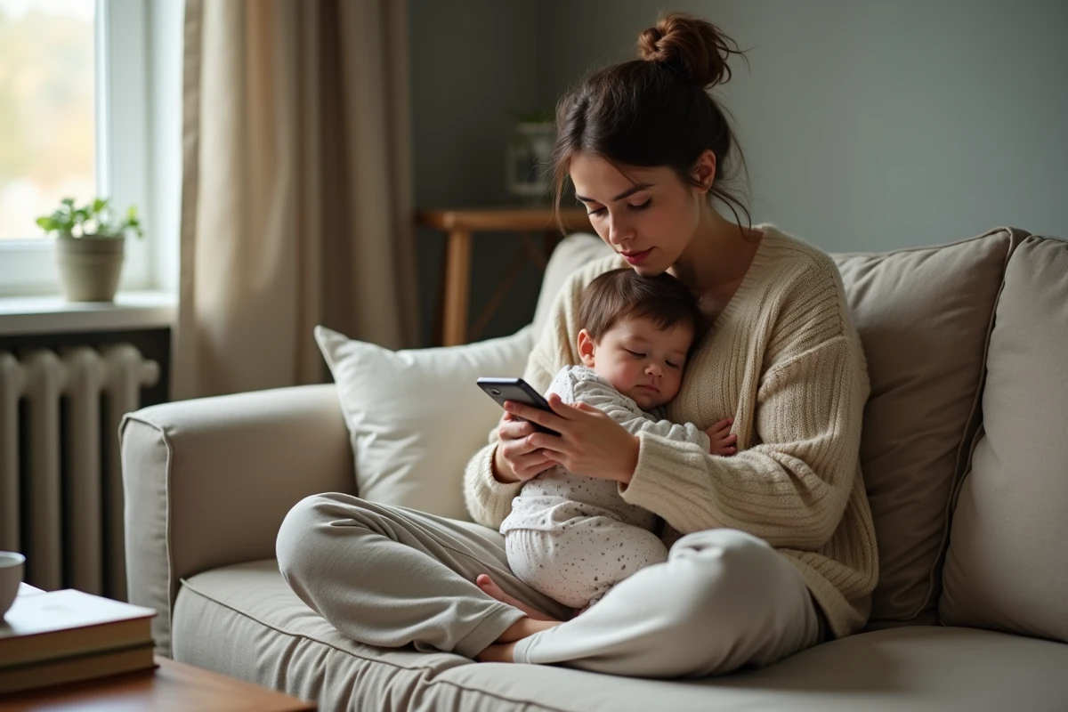 Maman épuisée et bienveillante tenant son enfant endormi sur le canapé tout en consultant son téléphone, ambiance familiale authentique et chaleureuse