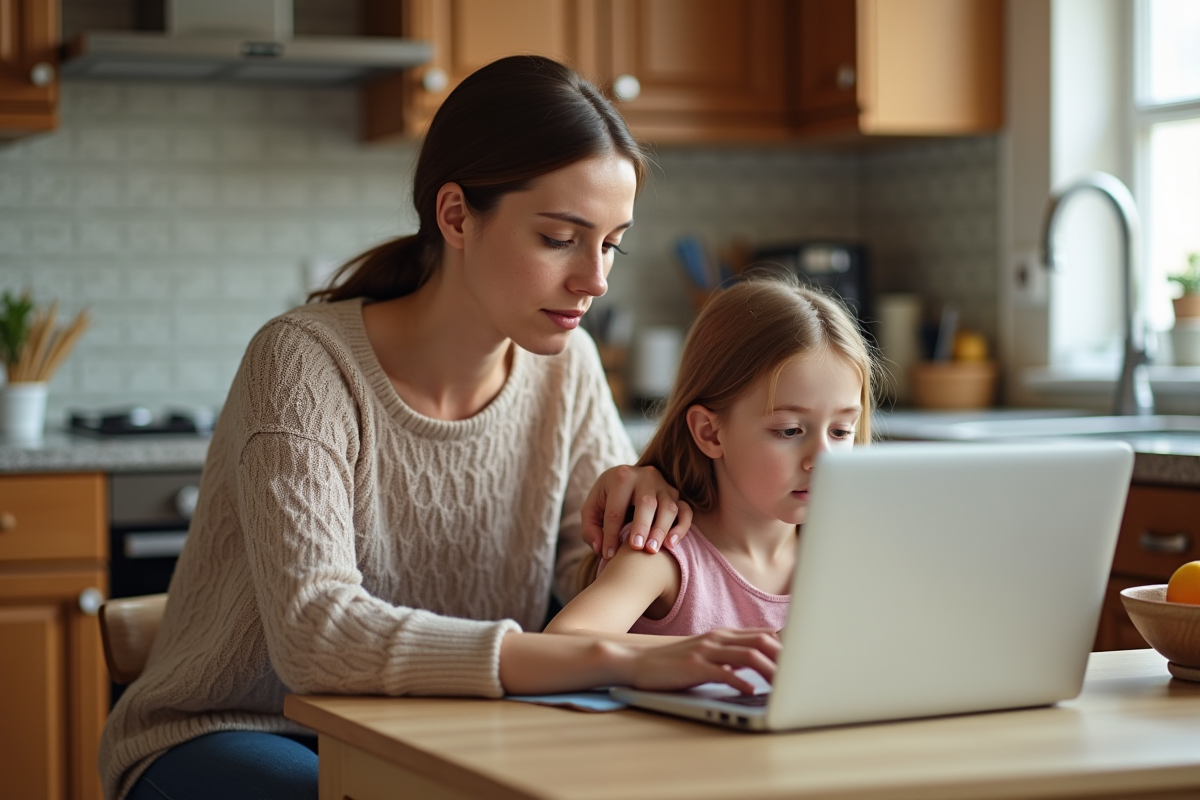 Maman et fille au moment de la lecture à la cuisine