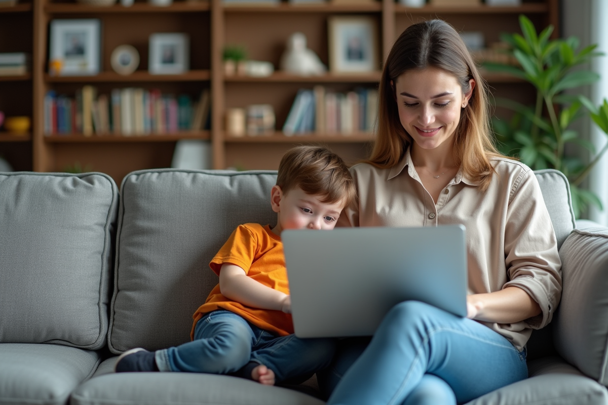 Femme avec son enfant sur le canapé en train de travailler
