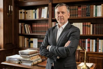 Homme en costume gris devant des archives publiques françaises dans un bureau officiel